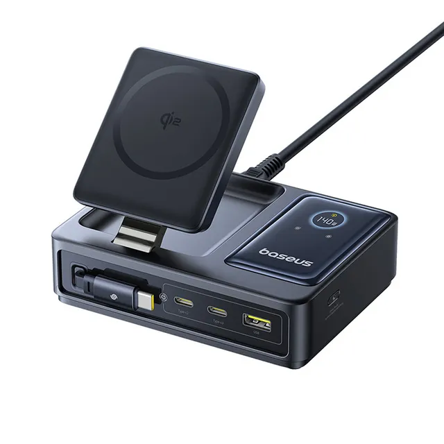 baseus-nomos-5-in-1-desktop-ladestation-qi2-140w-mit-einziehbarem-kabel image 1