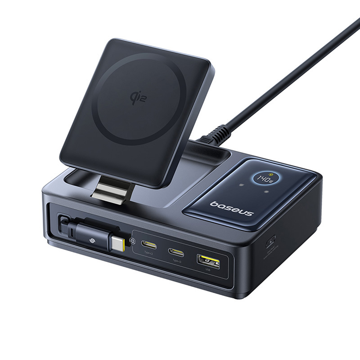 baseus-nomos-5-in-1-desktop-ladestation-qi2-140w-mit-einziehbarem-kabel image 1